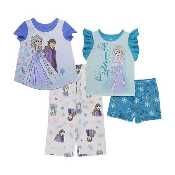 NEW! Frozen Kids' 4PC Cozy PJ Set- 2Short Sleeve Tops, 1Long Pant, 1FleeceShorts - Picture 2 of 11